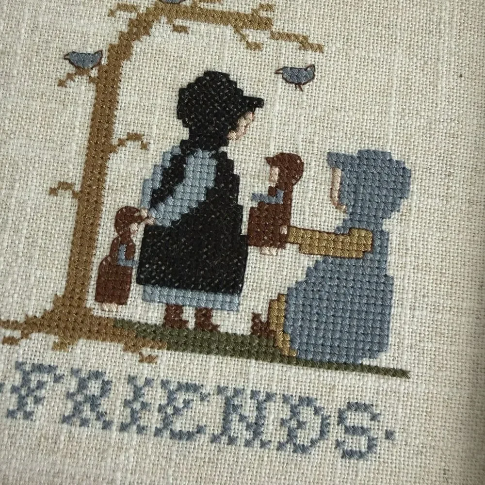 Vintage Cross Stitch Friends In Handcrafted Frame 7.5” Square 1980’s